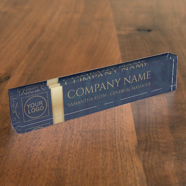 Company Logo Navy Leather  and Golden Custom Desk Name Plate (Side)