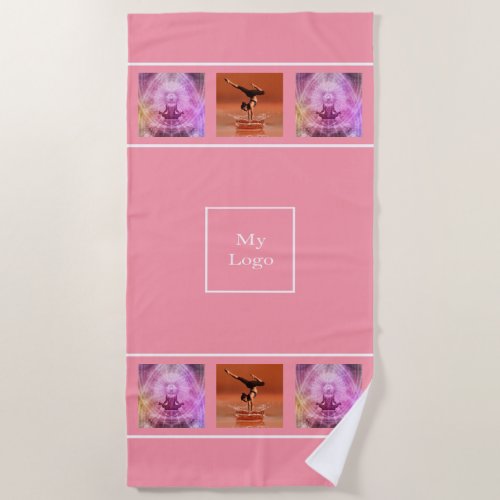 Company logo photo collage pink white beach towel