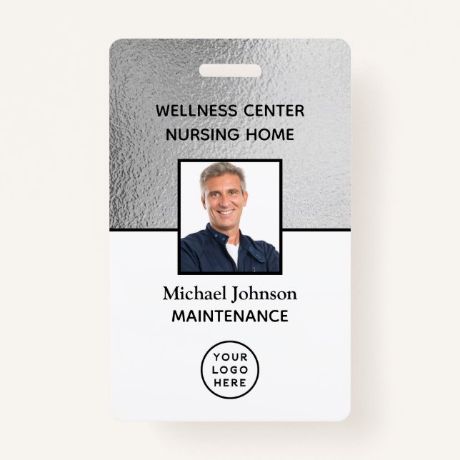 Company Logo Photo ID Silver White Employee Badge (Front)