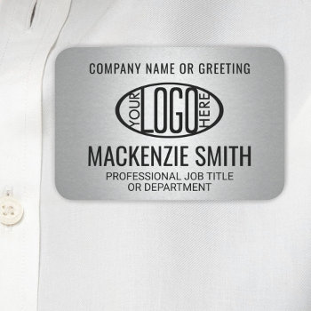 Company Logo Professional Employee Faux Silver Name Tag by Memorable_Modern at Zazzle