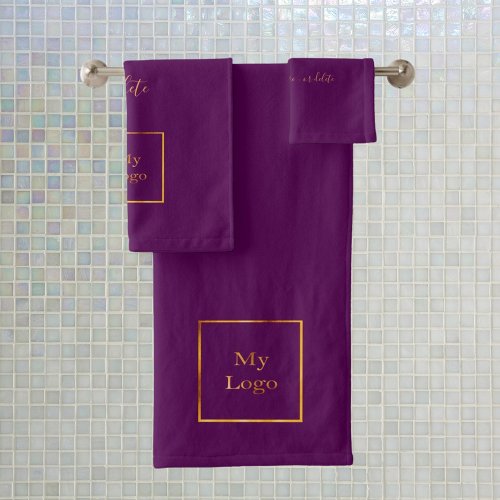 Company logo purple gold text business bath towel set