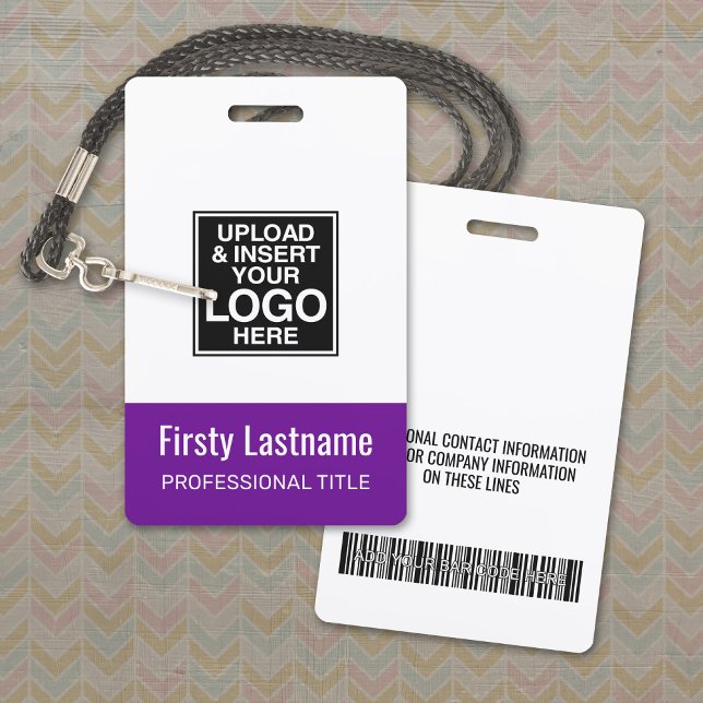 Company Logo PURPLE Name Title Bar Code Custom ID Badge (Logo Name Badge with Optional Lanyard)