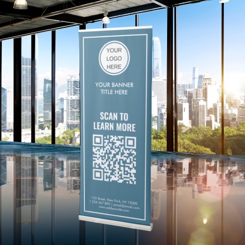 Company Logo QR Code Clean Simple Blue and White Retractable Banner