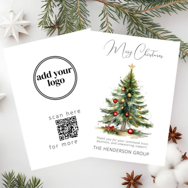Company Logo QR Code Merry Christmas Tree Holiday Card (Creator Uploaded)