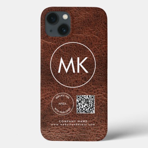 Company Logo QR Code Monogram Brown Faux Leather  iPhone 13 Case