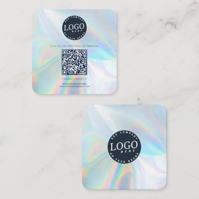 Company Logo QR Code Social Media Holographic Square Business Card (Front/Back)