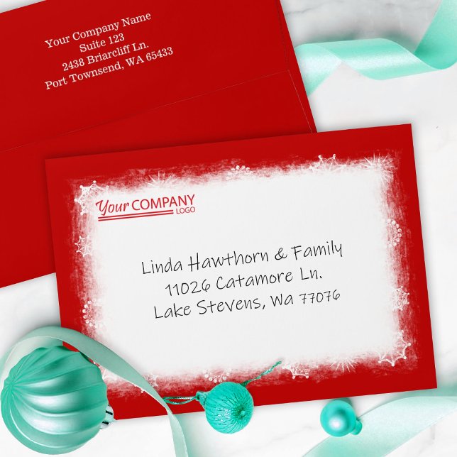 Company Logo Red White Snow Frosty Pre-addressed Envelope (red envelope, address pre-printed, company holiday christmas greetings, red logo, white snowflakes)