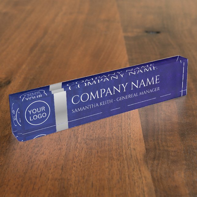 Company Logo Royal Blue Leather and Silver Custom Desk Name Plate (Side)