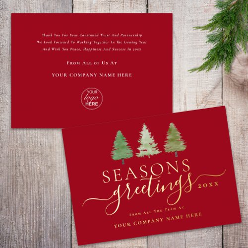 Company Logo Seasons Greetings Trees Script Gold Foil Holiday Card