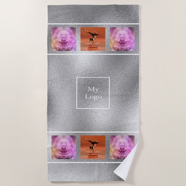 Company logo silver photo collage elegant business beach towel (Front)