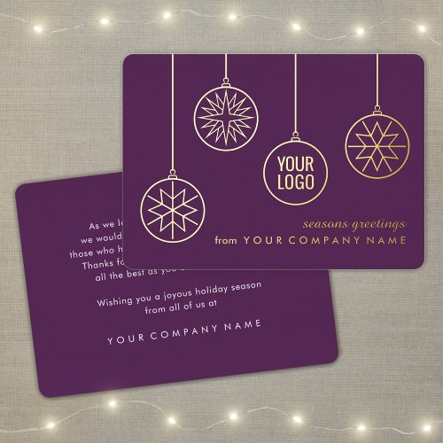 Company Logo Snowflake Christmas Ornaments Purple Foil Holiday Card