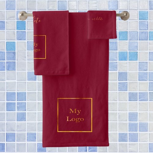 Company logo text business burgundy bath towel set