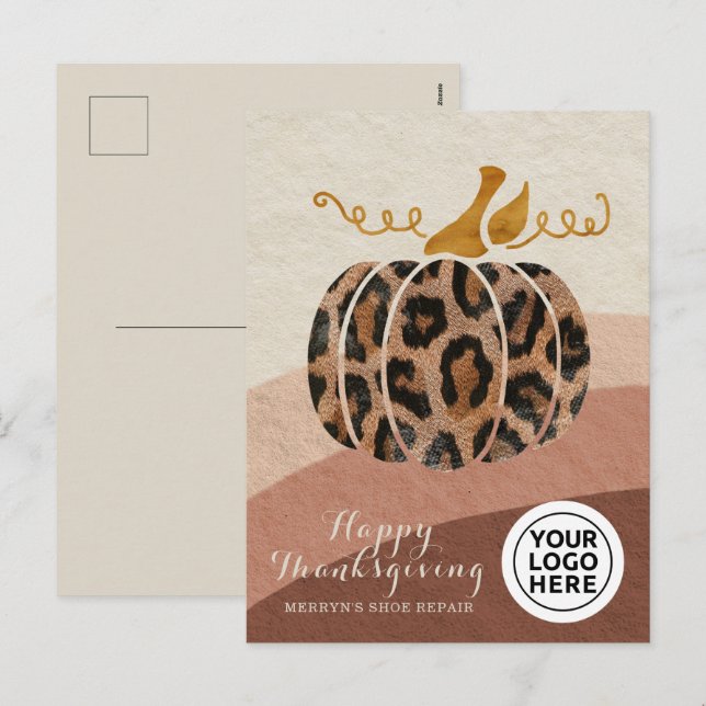 Company Logo Thanksgiving Boho Leopard Pumpkin Holiday Postcard (Front/Back)