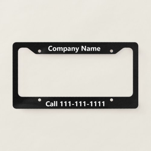 Company Name and Phone Number on Black and White License Plate Frame