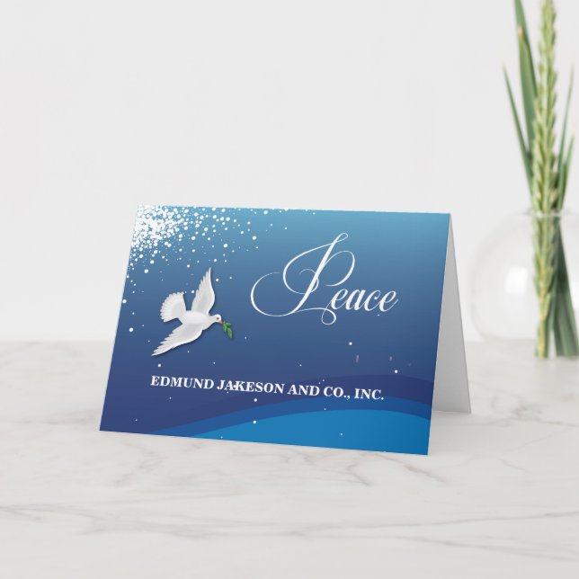Company Name Elegant Peace on Blue Christmas Card (Front)