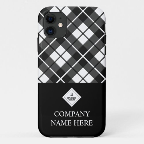 Company Name  Logo Black White Plaid iPhone 11 Case