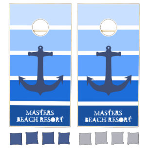 Company Name & Logo Modern Nautical Anchor Blue Cornhole Set