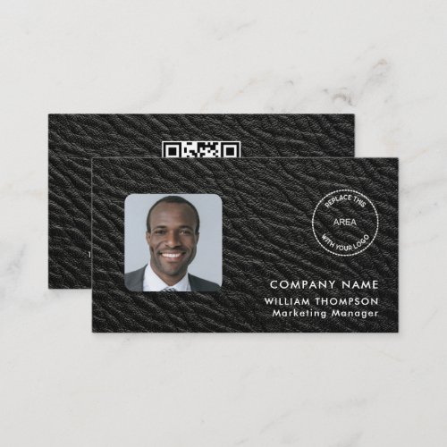 Company Name Logo Photo QR Code Black Faux leather Business Card