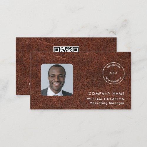 Company Name Logo Photo QR Code Brown Faux leather Business Card