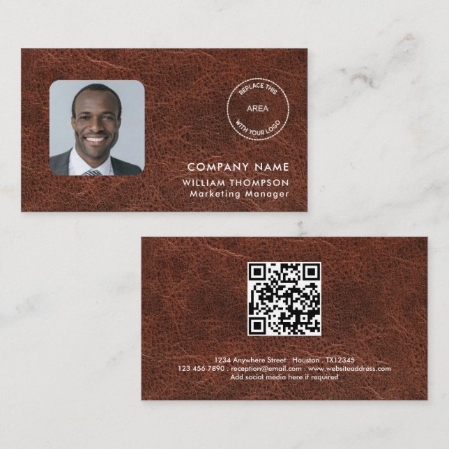 Company Name Logo Photo QR Code Brown Faux leather Business Card (Front/Back)