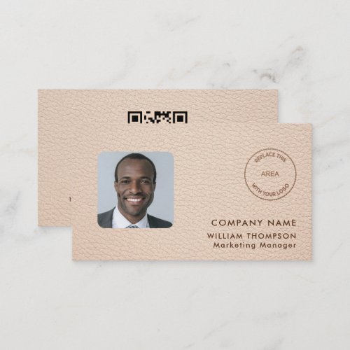 Company Name Logo Photo QR Code Cream Faux leather Business Card