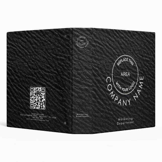 Company Name Logo QR Code Black Faux Leather  3 Ring Binder (Background)
