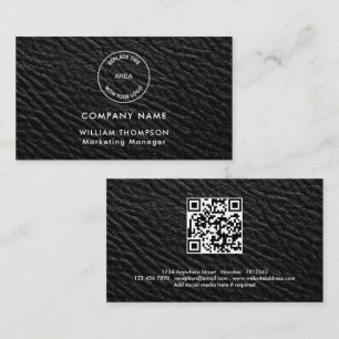 Company Name Logo QR Code Black Faux leather Business Card