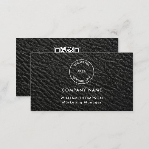 Company Name Logo QR Code Black Faux leather Business Card