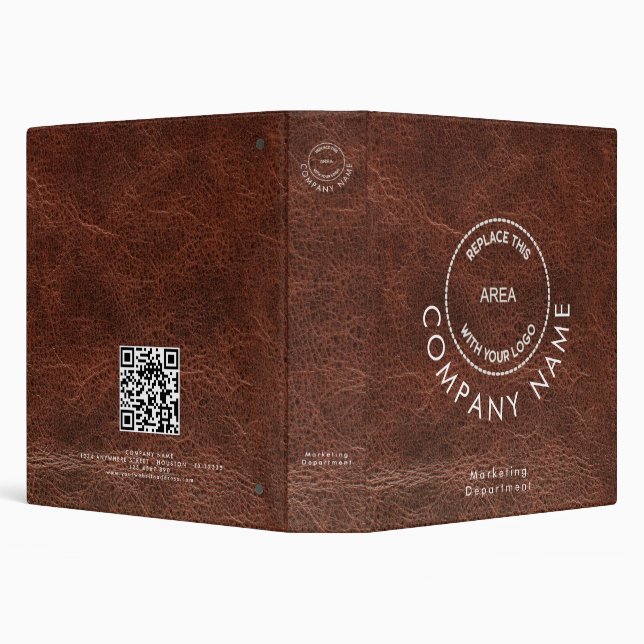 Company Name Logo QR Code Brown Faux Leather  3 Ring Binder (Background)