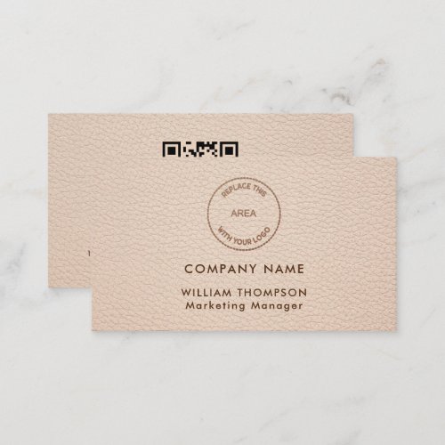 Company Name Logo QR Code Cream Faux leather Business Card