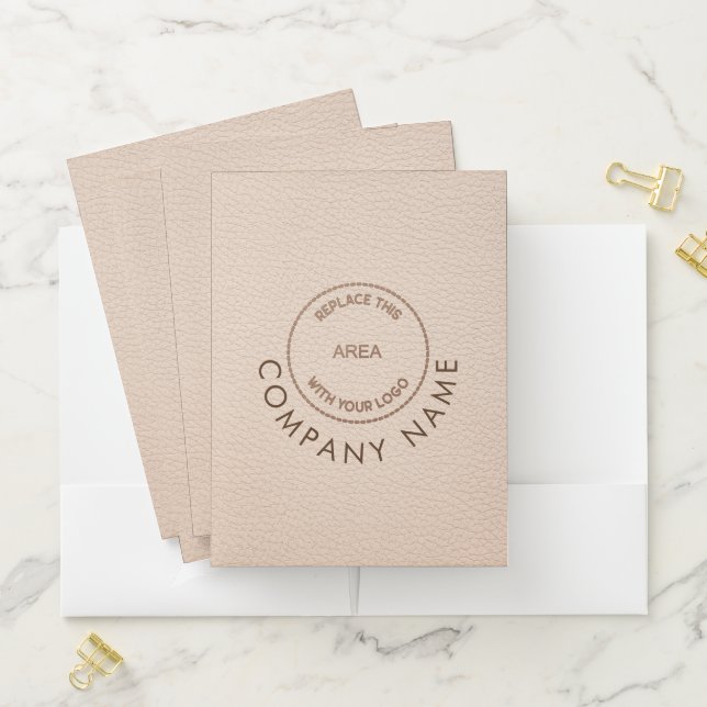 Company Name Logo QR Code Cream Faux Leather  Pocket Folder (In Situ)