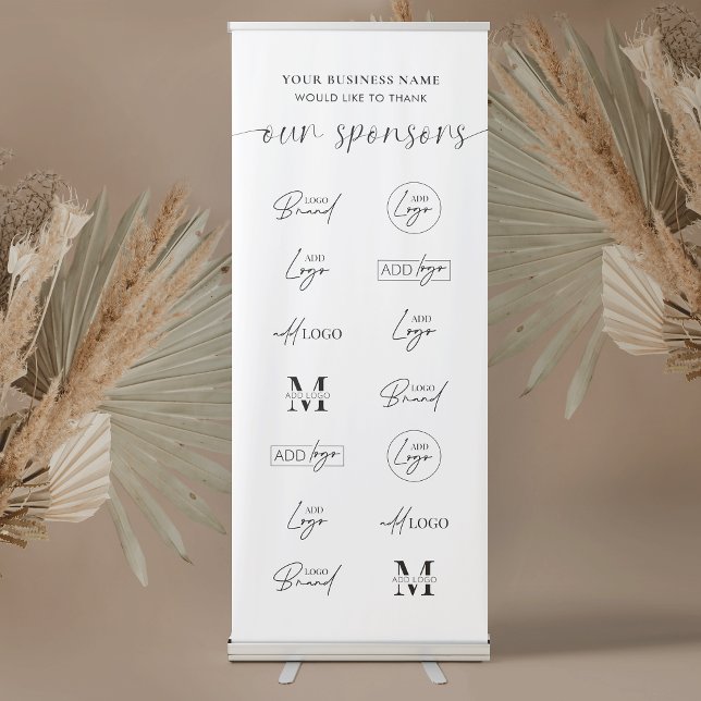 Company Sponsor Logos Business Event Backdrop Retractable Banner (Modern event sponsors logos retractable banner in minimalist black & white style)