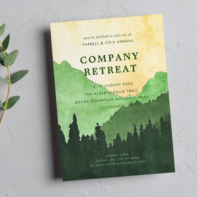 Company Team Retreat with Mountains (Green) Invitation (company retreat invitation with mountains and forest design)