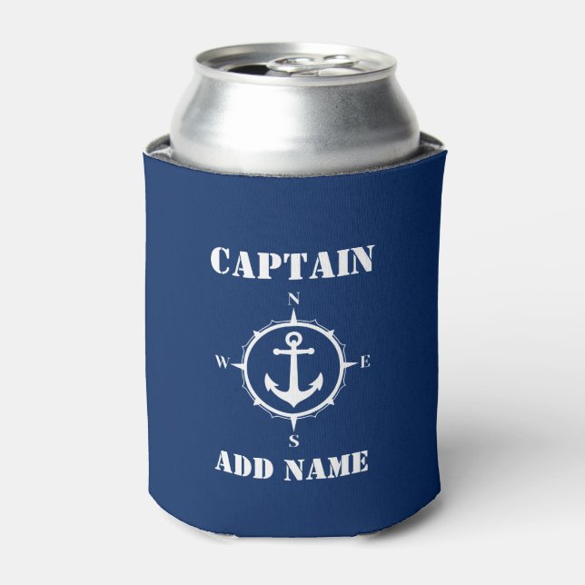 Compass Anchor Captain Add Name or Boat Name Blue Can Cooler (Can Front)