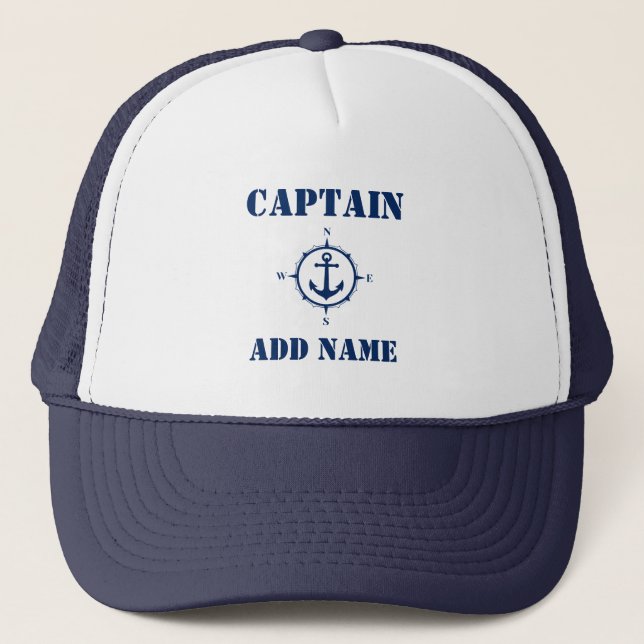 Compass Anchor Captain Add Name or Boat Name Trucker Hat (Front)