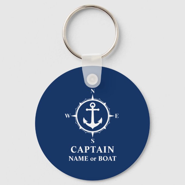 Compass Anchor Captain Name Boat Photo Back Navy Keychain (Front)