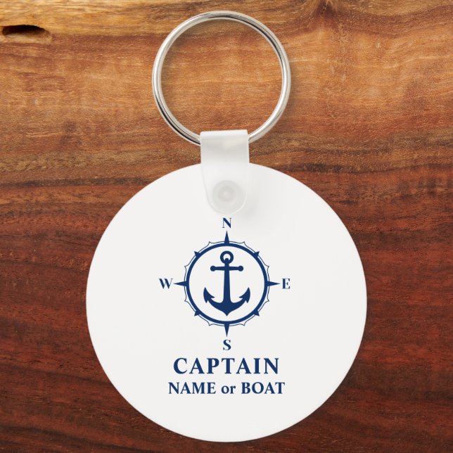 Compass Anchor Captain Name Boat Photo Back White Keychain (Front)