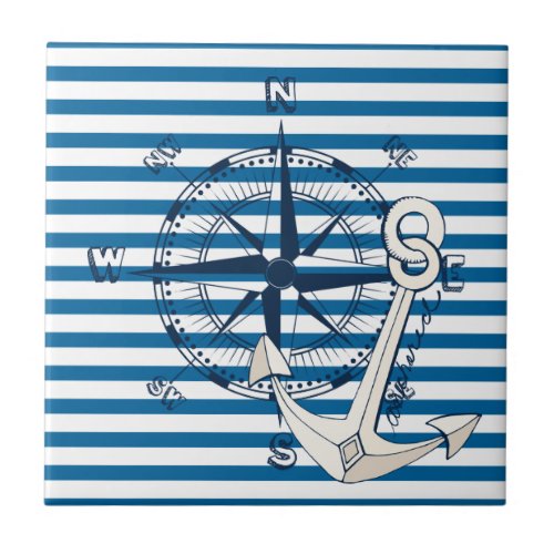 Compass and Anchor Blue and White Stripe Tile