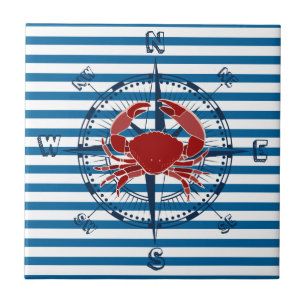 Compass and Crab Blue and White Stripe Tile