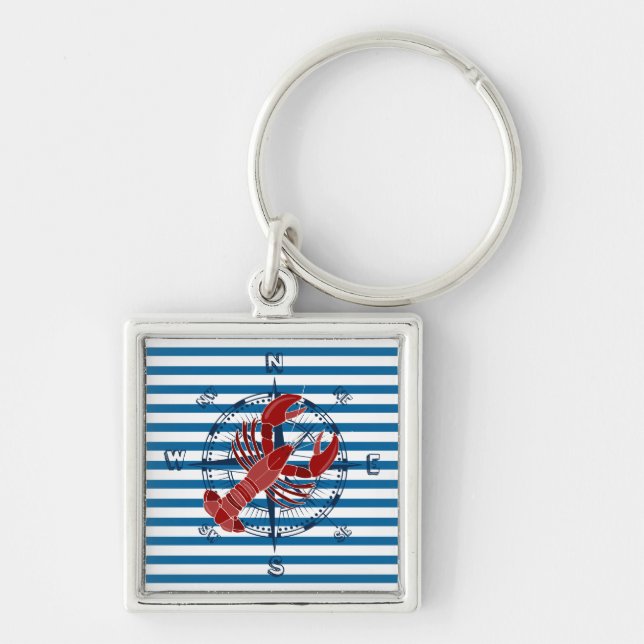 Compass and Lobster Blue and White Stripe Keychain (Front)