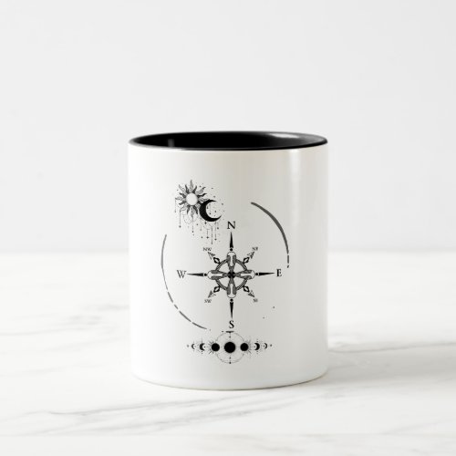 compass and moon phases line art  Two_Tone coffee mug