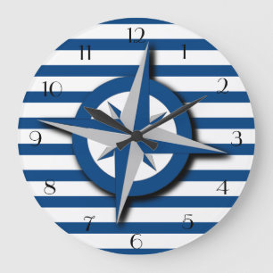 Compass and Stripes Pattern Nautical Inspired Large Clock