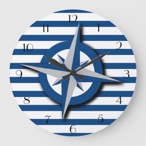 Compass and Stripes Pattern Nautical Inspired Large Clock