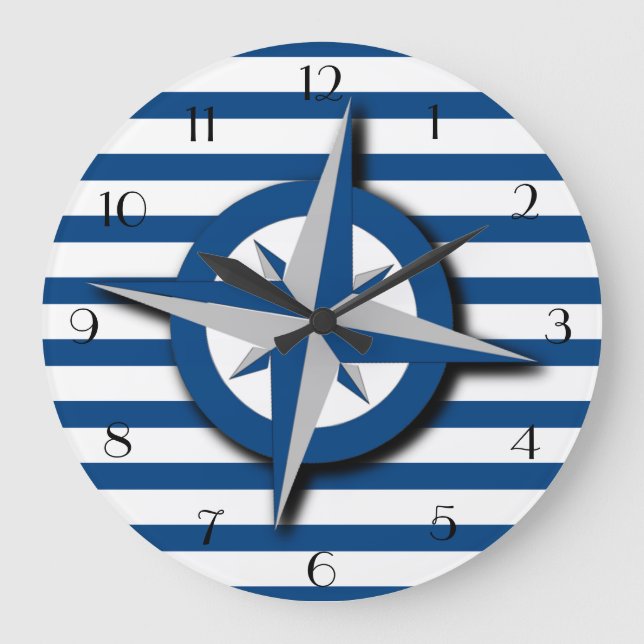 Compass and Stripes Pattern Nautical Inspired Large Clock (Front)