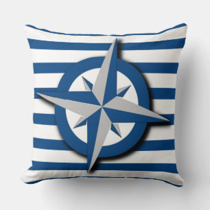 Compass and Stripes Pattern Nautical Inspired Throw Pillow