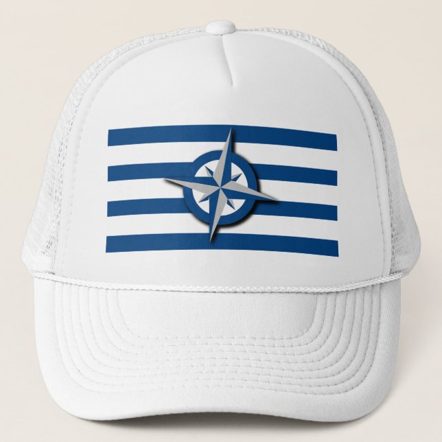 Compass and Stripes Pattern Nautical Inspired Trucker Hat (Front)