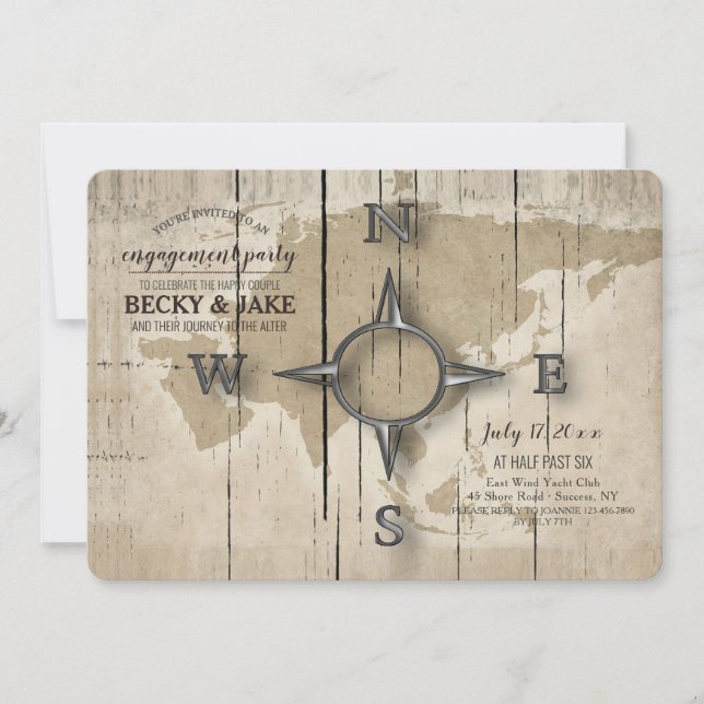 Compass and World Map Engagement Party Invitation (Front)
