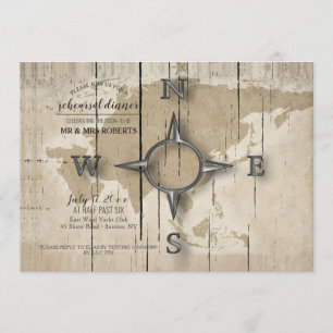 Compass and World Map Rehearsal Dinner Party Invitation