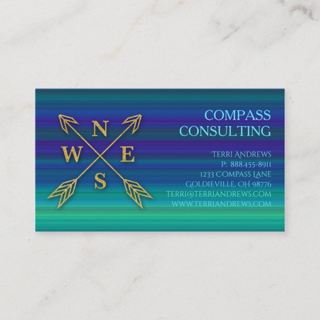 Compass Arrows Accounting Gold Blue Green Stripes Business Card (Front)
