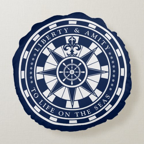 Compass Blue and White Nautical Round Pillow